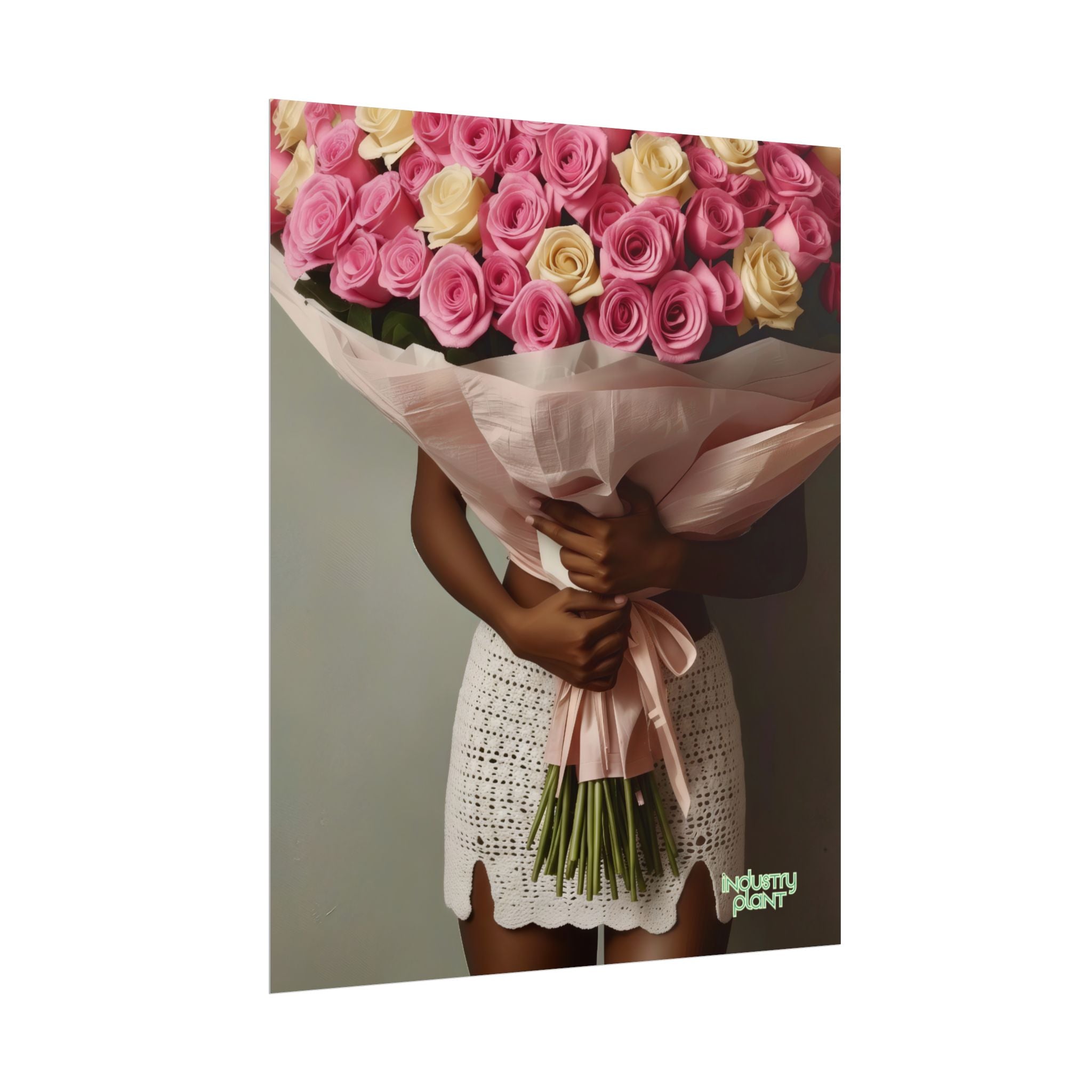 XOXO MS. BLOOMINGDALES PINK FINE Floral Bouquet Fine Art Poster — Woman Holding Pink & Cream Roses (Vertical Floral Wall Art) by INDUSTRY PLANT @AutoPaybump