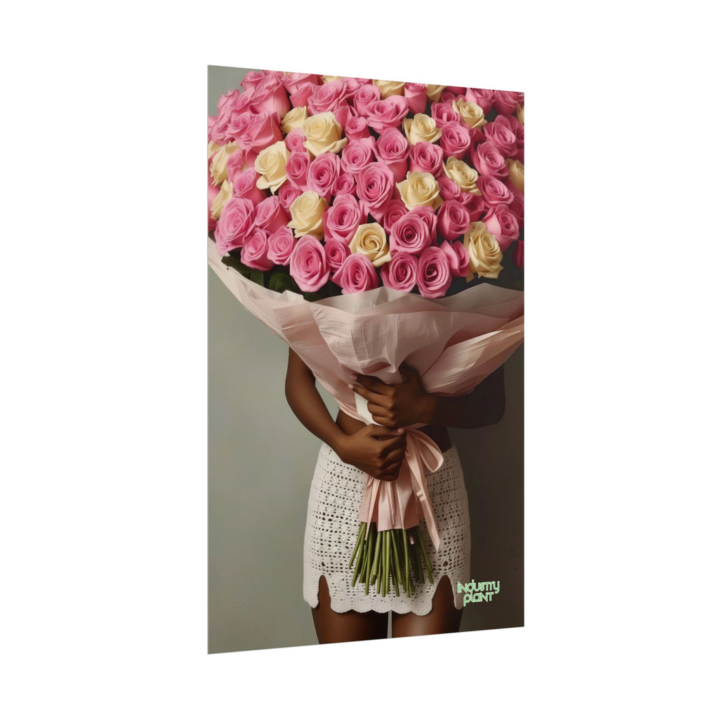 XOXO MS. BLOOMINGDALES PINK FINE Floral Bouquet Fine Art Poster — Woman Holding Pink & Cream Roses (Vertical Floral Wall Art) by INDUSTRY PLANT @AutoPaybump