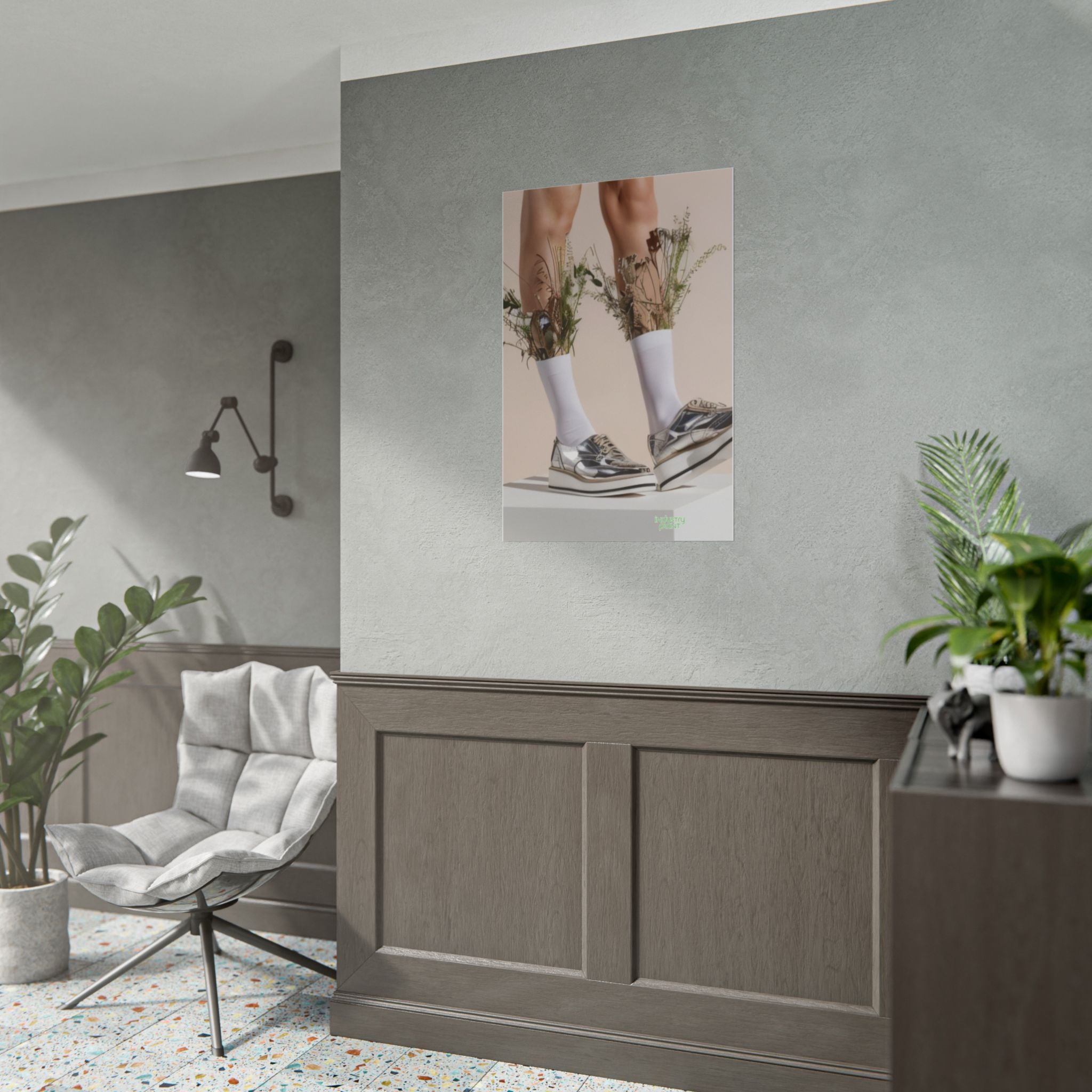 ALWAYS RUNNING ON PLANT POWER Fine Art Poster - Silver Platform Shoes with Floral Socks Sneaker core Fine Art Photography Print by INDUSTRY PLANT @AutoPaybump